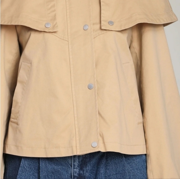 🤎🔹️Avec Les Filles🔹️ Khaki Gingham Trim Cotton Cape Jacket - Picture 5 of 5